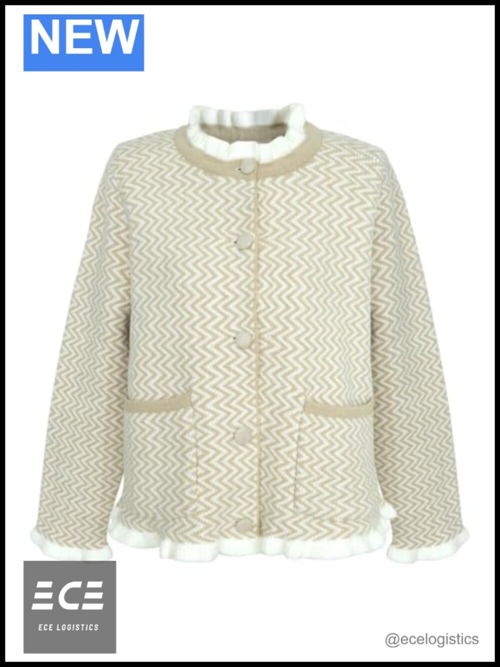 Womens Button Up Cardigan Ruffle Trim Chevron Knit Pockets Long Sleeve